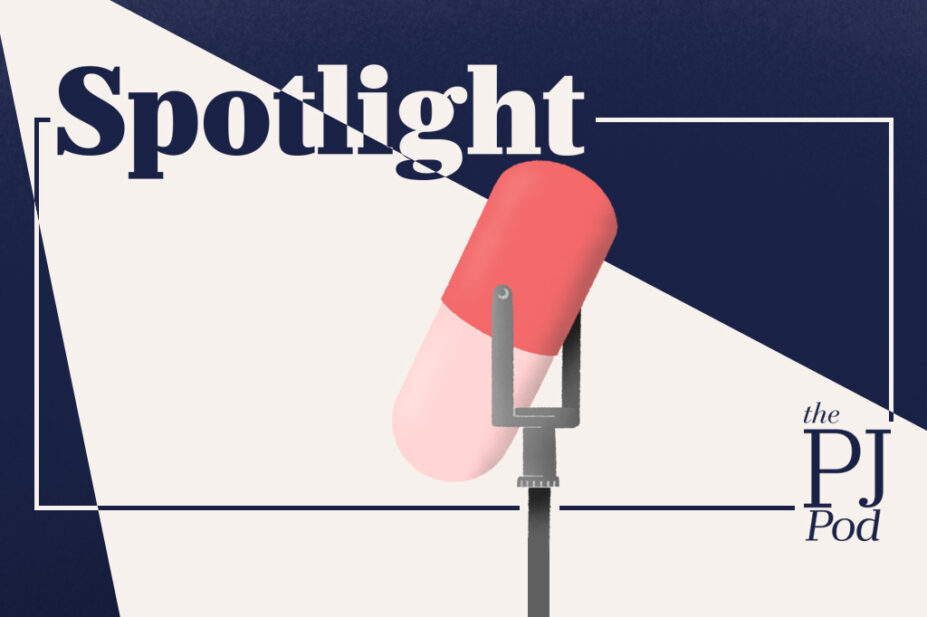Illustration of a microphone made out of a pill under a spotlight