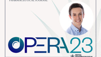 Photo of OPERA shortlisted pharmacist Stephen Kelly with the award's logo