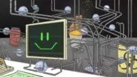 An illustration of a smiling dispensing computer with a complicated network of rails in the background on the path to dispensing, dodging biohazards, fire and poison before finally dispensing to the pharmacist.