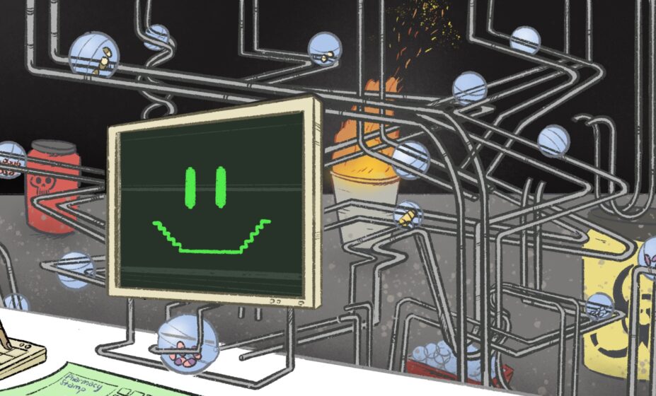 An illustration of a smiling dispensing computer with a complicated network of rails in the background on the path to dispensing, dodging biohazards, fire and poison before finally dispensing to the pharmacist.