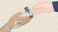 Illustration echoing Michelangelo's Creation of Adam image in the Sistine Chapel, with the hand of a person with a catheter in it being handed a pixelated ampoule by a suited hand, with a question mark at the point of the handover.