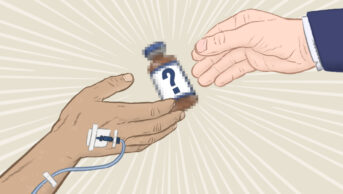 Illustration echoing Michelangelo's Creation of Adam image in the Sistine Chapel, with the hand of a person with a catheter in it being handed a pixelated ampoule by a suited hand, with a question mark at the point of the handover.