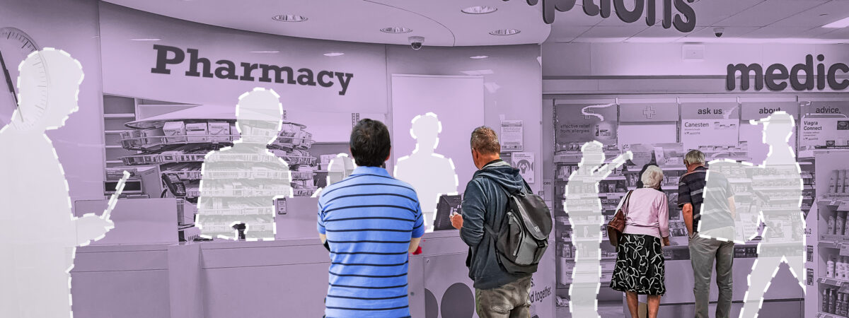 Stylised photo showing people waiting in a pharmacy with dotted lines showing where absent staff members should be