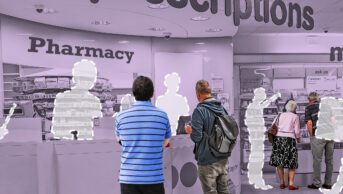 Stylised photo showing people waiting in a pharmacy with dotted lines showing where absent staff members should be