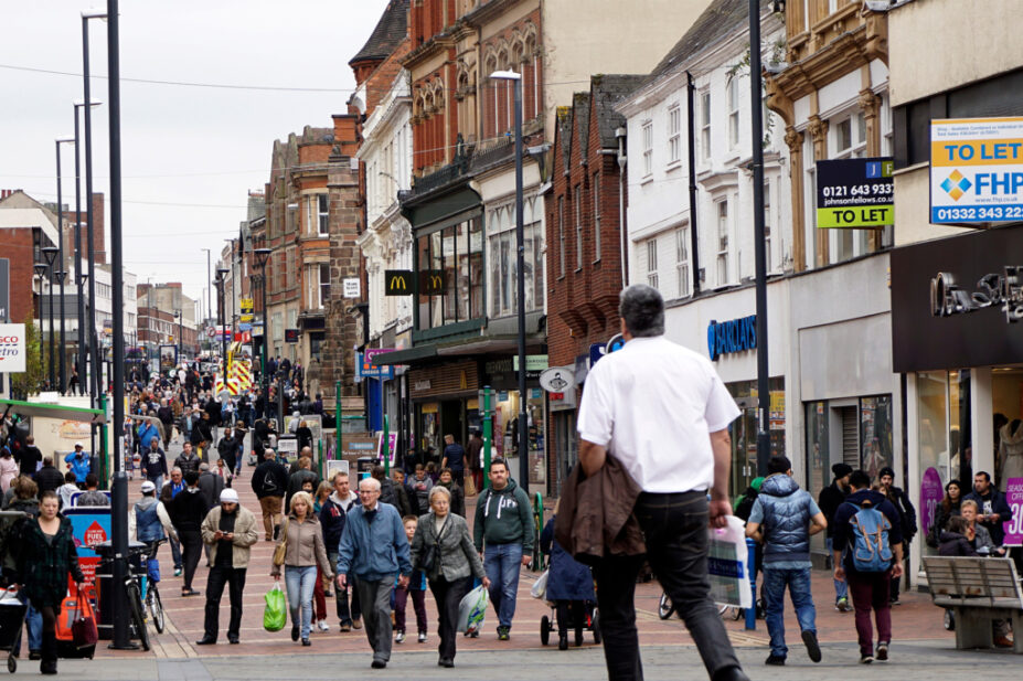 A photo of the busy high street in Derby, UK.