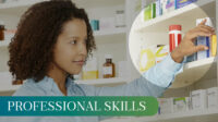 Photo of a young pharmacist taking medication off a shelf, with the words 