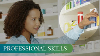 Photo of a young pharmacist taking medication off a shelf, with the words 