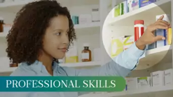 Photo of a young pharmacist taking medication off a shelf, with the words 