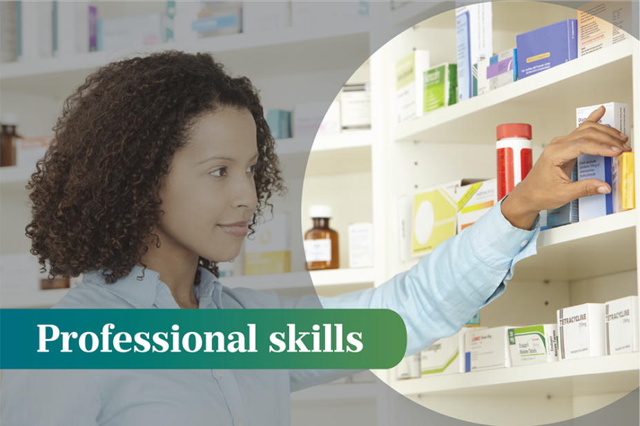 Female pharmacist stacks medicines on shelf, text saying Professional Skills in white on a green banner in foreground