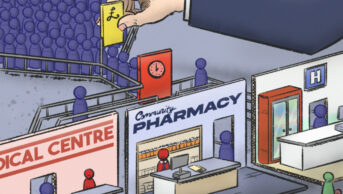 An illustration of a toy set of a medical centre, community pharmacy and hospital, with a path for trainee wooden toy pharmacists but there's a backlog to them getting to the toy sets and a suited arm opening gates to let them through.