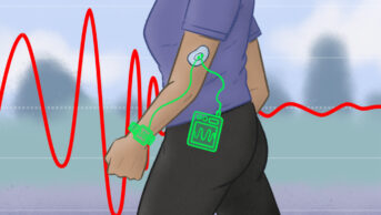 An illustration of a woman with a sensor on her arm leading to a watch or belt-mounted device, with a wavering and then flat red line in the background showing the levelling out of a precision dosing device.