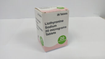 A box of Liothyronine tablets. Liothyronine (L-T3) is used to treat an underactive thyroid (hypothyroidism).