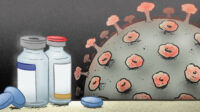 Illustration of various kinds of antiviral medication in the foreground, with a giant COVID virus looming in the background.