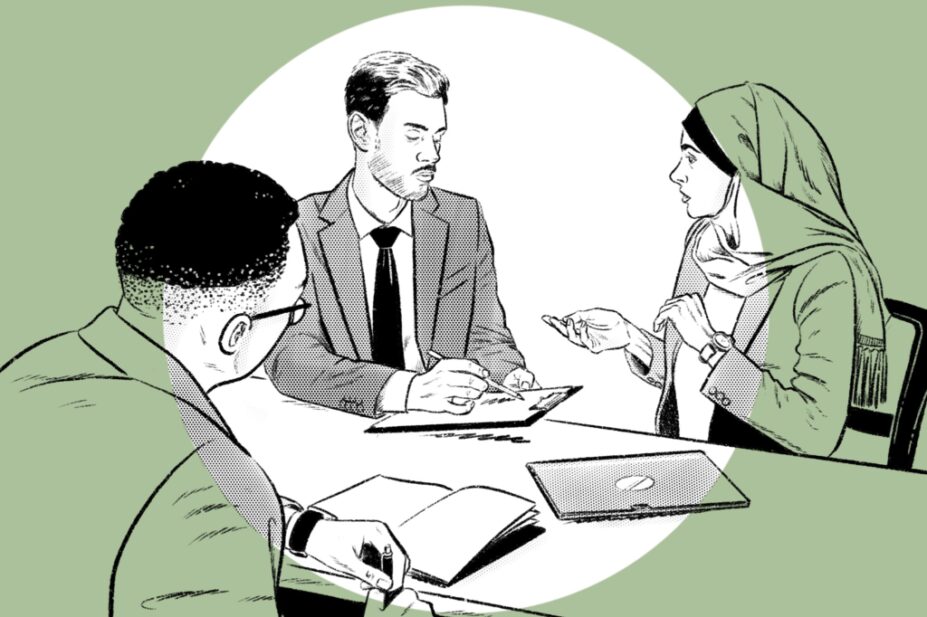 Illustration of a woman in a hijab speaking to a doctor through an interpreter.