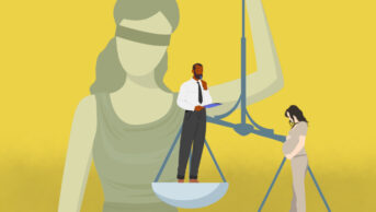 Illustration of Lady Justice holding up scales with a pharmacist and a pregnant female prisoner on each side.