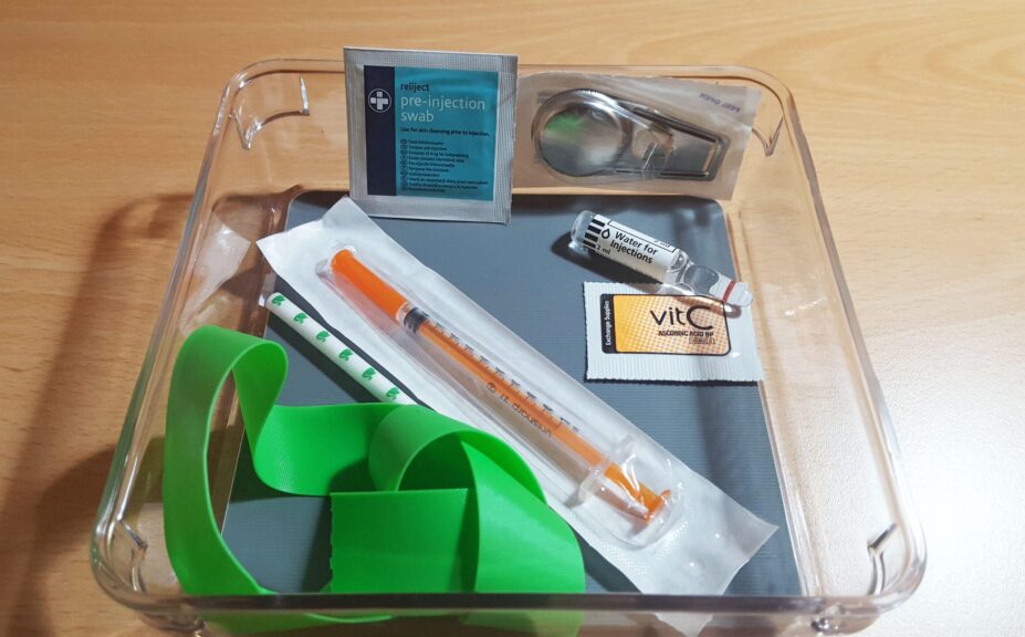 A needle and other instruments required to inject heroin at a drugs consumption room - where users take heroin under medical supervision