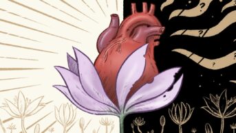 Illustration of an autumn crocus (Colchicum autumnale) on light and dark background, with an anatomical heart in the centre.