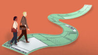 Illustration of two people walking on a path made of an NHS prescription