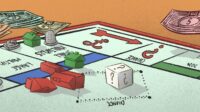 Illustration of a Monopoly board, with fallen hotels on a square saying large multiples, a few houses on small multiples, and a pound symbol in the 