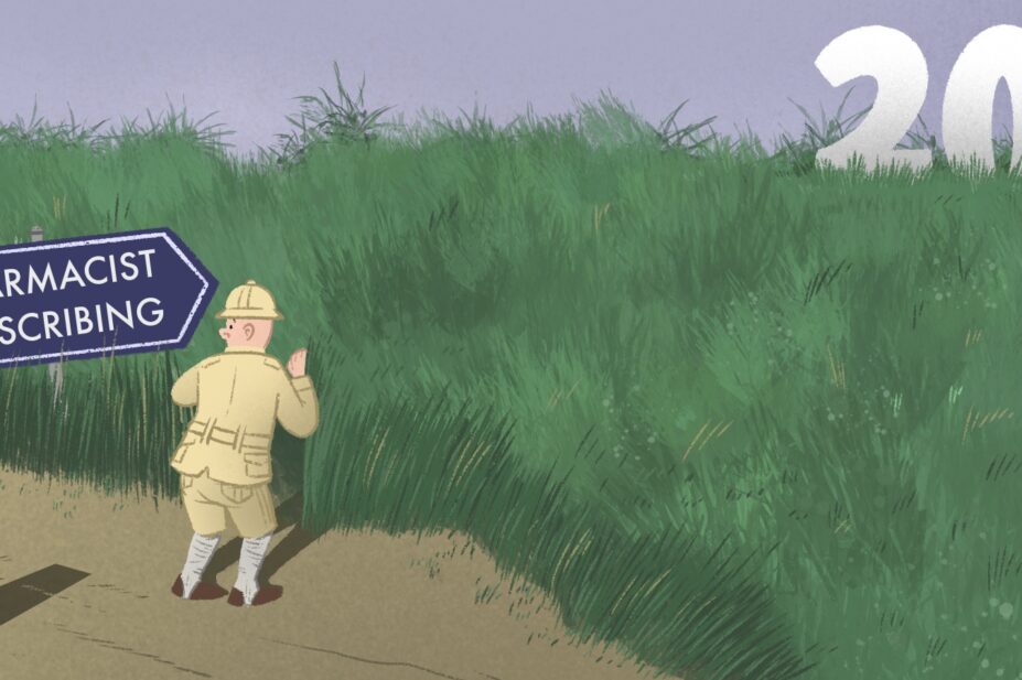 Illustration of a man in a safari hat trying to find his way through a thicket of grass, with the shadow of 2024 behind him and a 2025 in the grass in the distance, with no clear path. A sign reads 