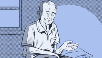 illustration of older man sitting on bed holding tablet