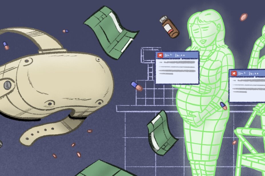 Illustration of a VR headset floating in a virtual pharmacy environment, with luminescent simulated patients and pills and ampules floating around.