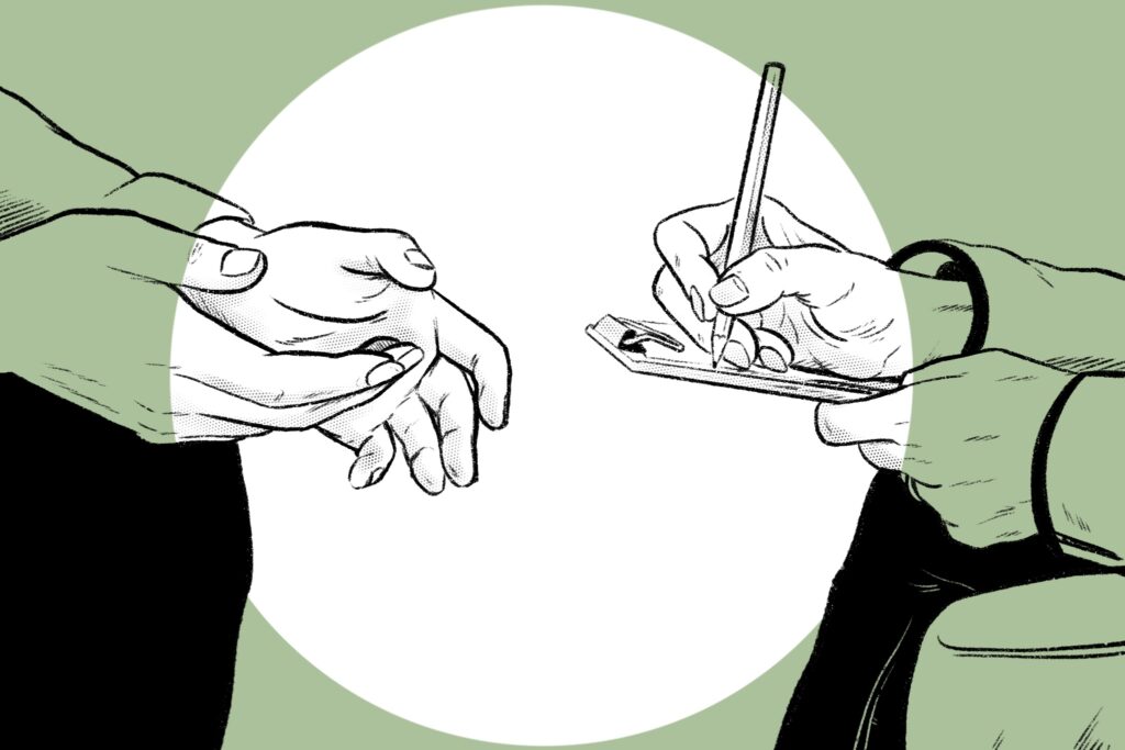 Illustration of two sets of hands of people in deep discussion