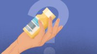 Illustration of a hand holding a blurry pill bottle in front of a question mark