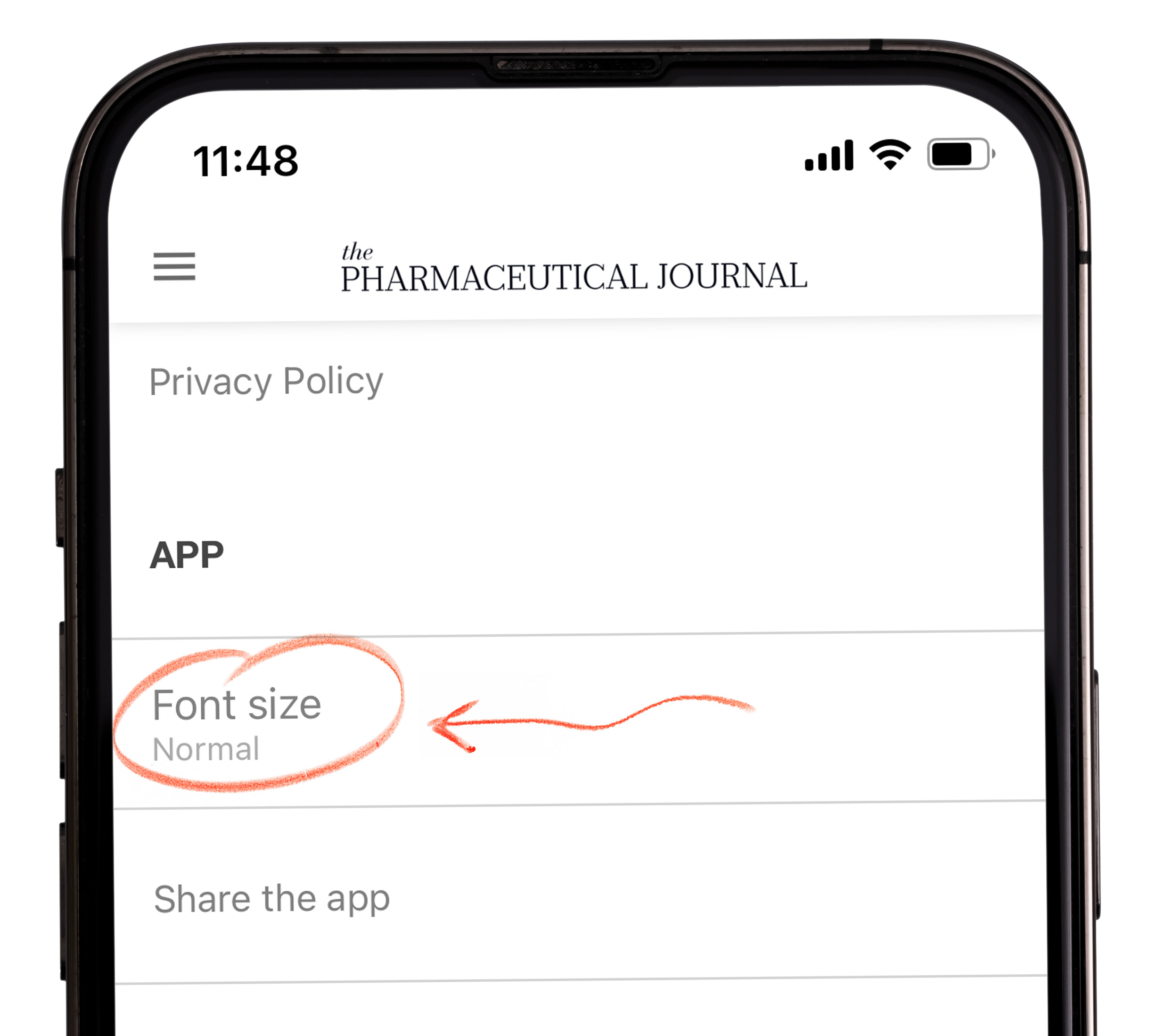 Image of an iphone showing font size in the PJ app