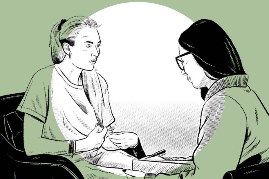 Stylised illustration of a woman talking to her prescribing pharmacist