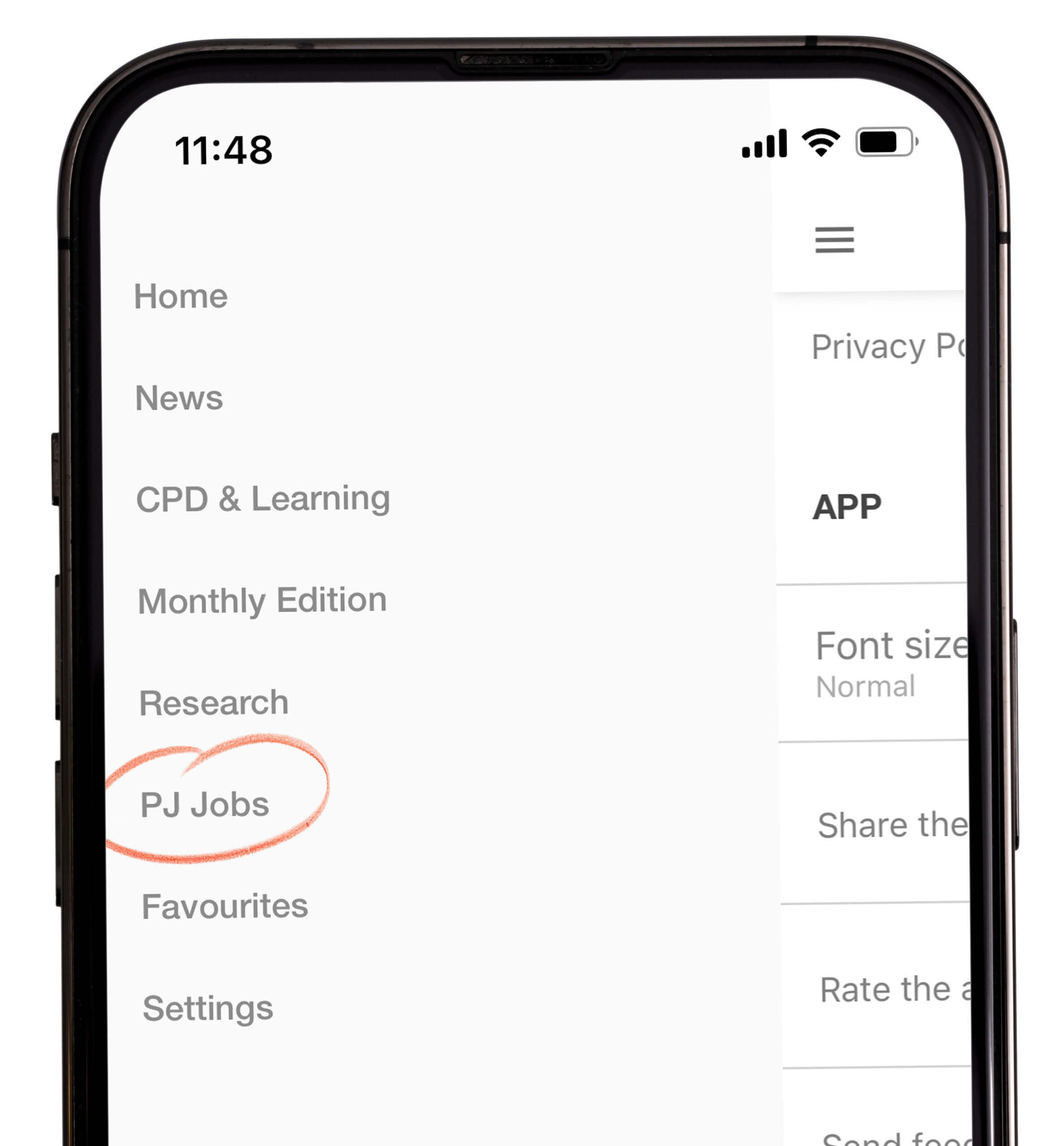 Image of an iphone showing the PJ Jobs section in the PJ app