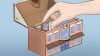 Illustration of a hand opening a nursing home like a box, in which is a supply of pharmaceuticals