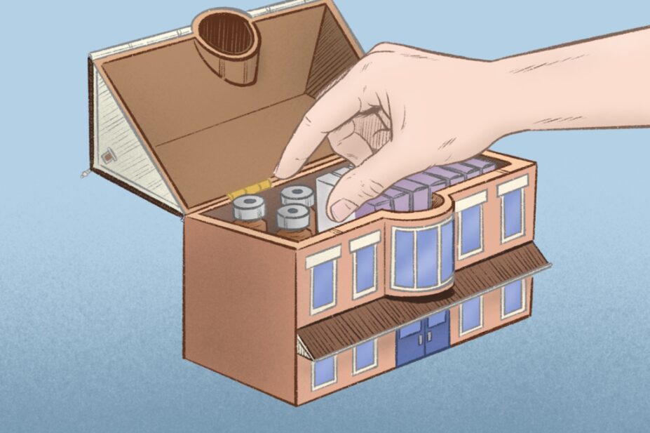 Illustration of a hand opening a nursing home like a box, in which is a supply of pharmaceuticals