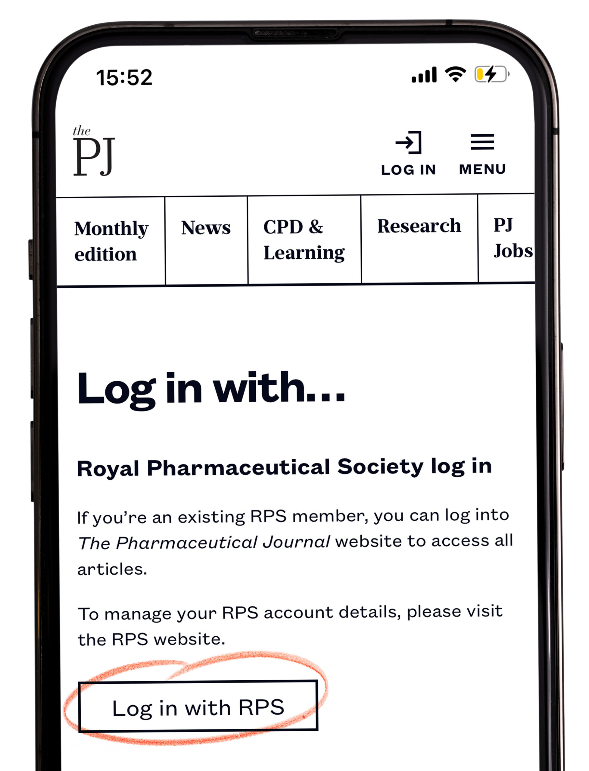 Image of an iphone showing the RPS login on the PJ website