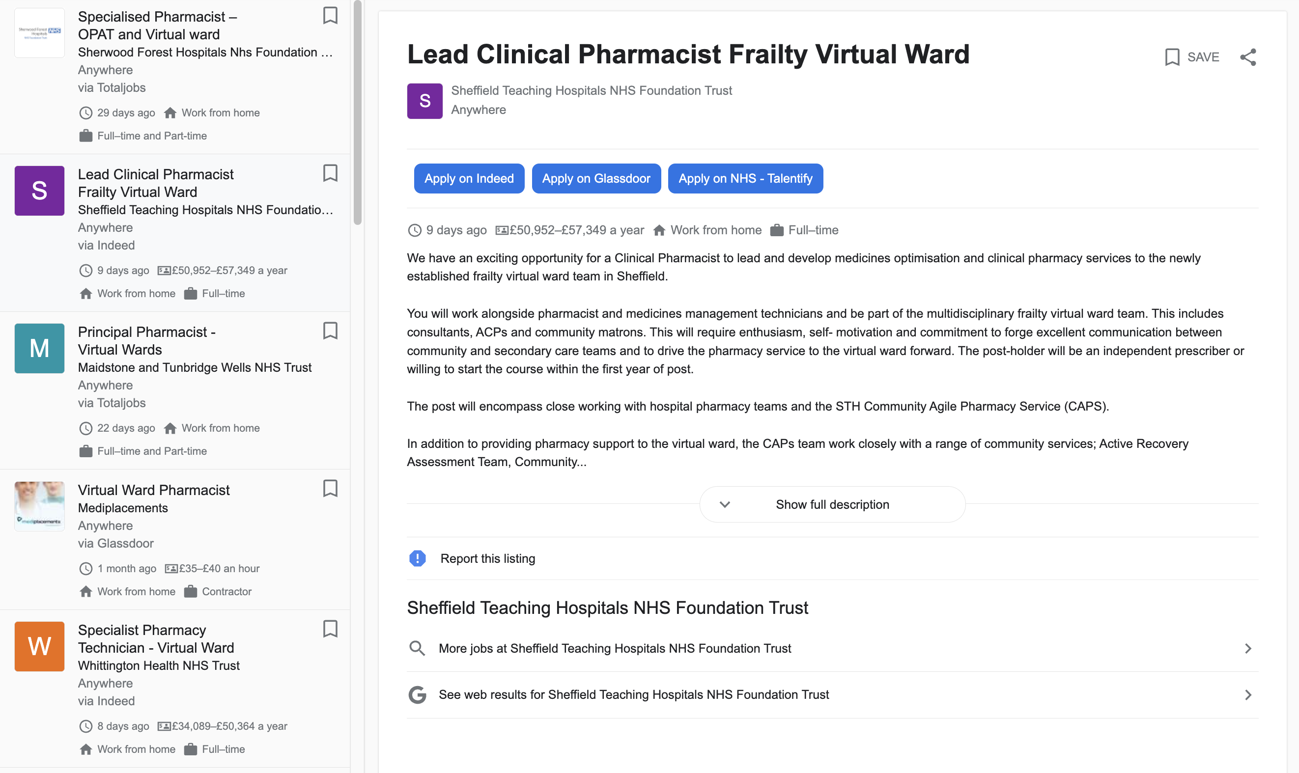 A screen cap of a Google jobs list of currently available virtual ward pharmacy jobs