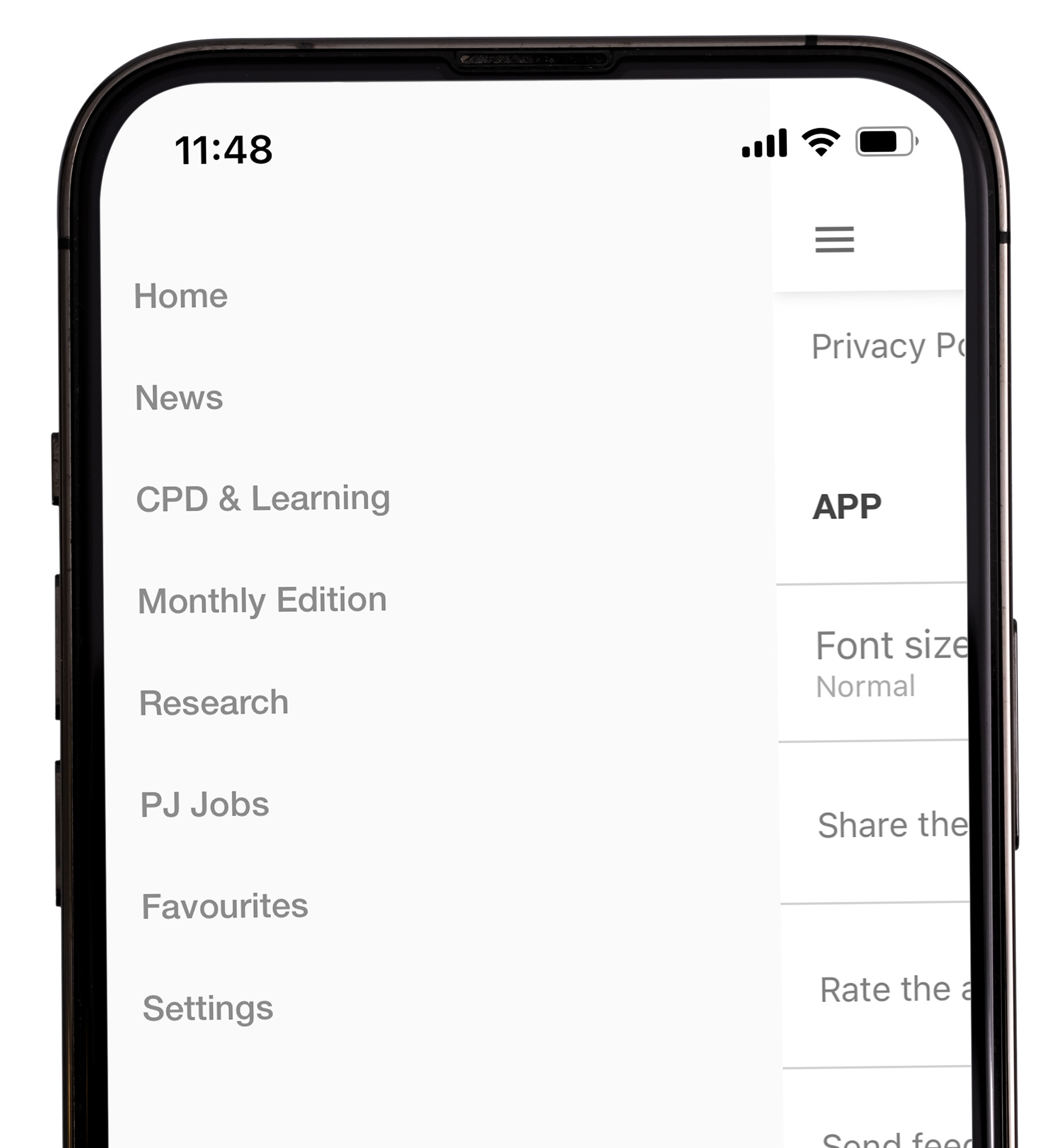 Image of an iphone with the section selections in the PJ app