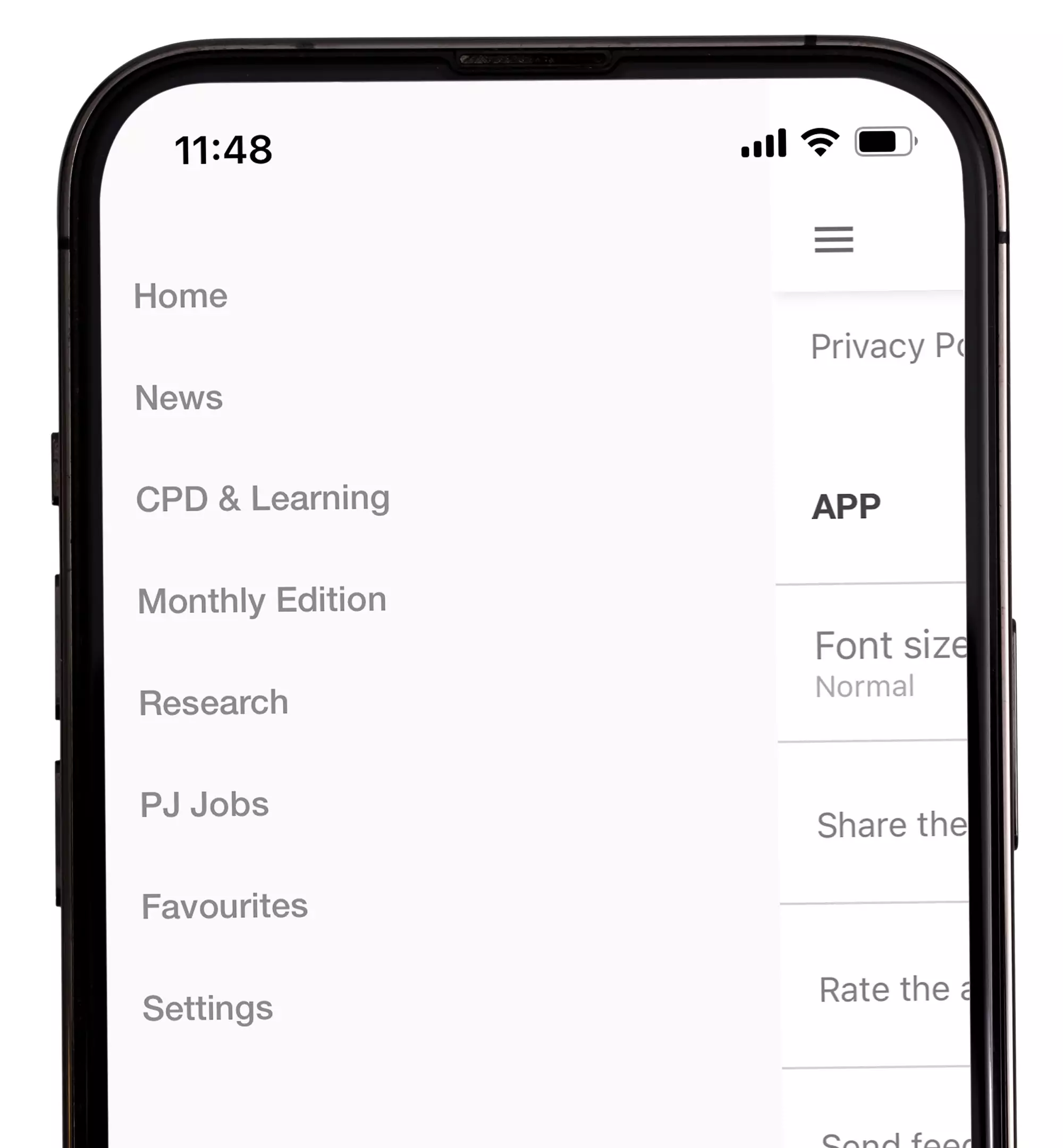 Image of an iphone with the section selections in the PJ app