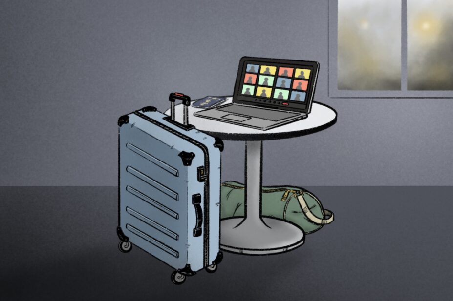 Illustration of a suitcase and a duffle bag under a table in a dimly lit room. On the table is a passport and an open Zoom call, and in the window to the room is smoke and distant flashes of light.
