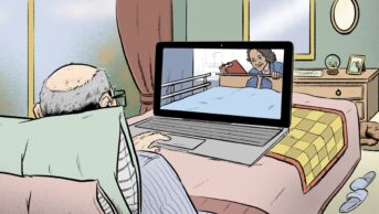 Illustration of an older man in a cosy bed at home, with a large window and personal effects (including a dog at the end of the bed), with an open laptop which shows his bed ending in a hospital ward with an attendant pharmacist consulting onscreen.