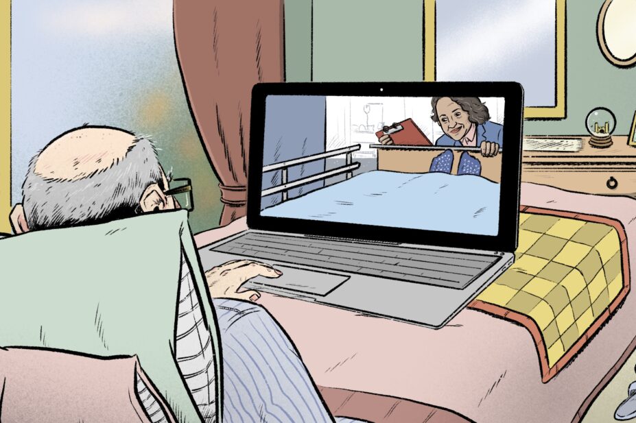 Illustration of an older man in a cosy bed at home, with a large window and personal effects (including a dog at the end of the bed), with an open laptop which shows his bed ending in a hospital ward with an attendant pharmacist consulting onscreen.