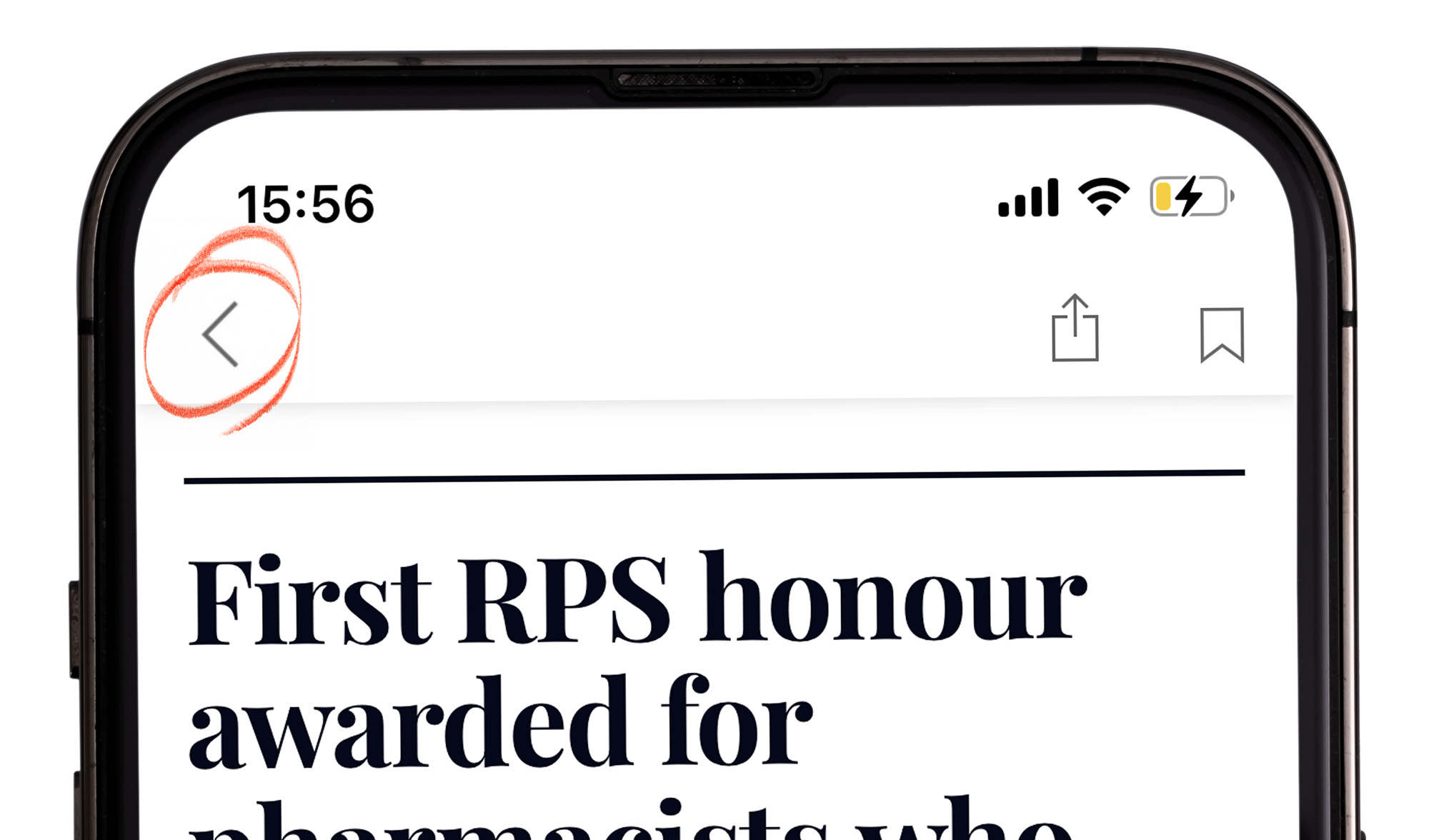 Image of an iphone showing the article back button in the PJ app 