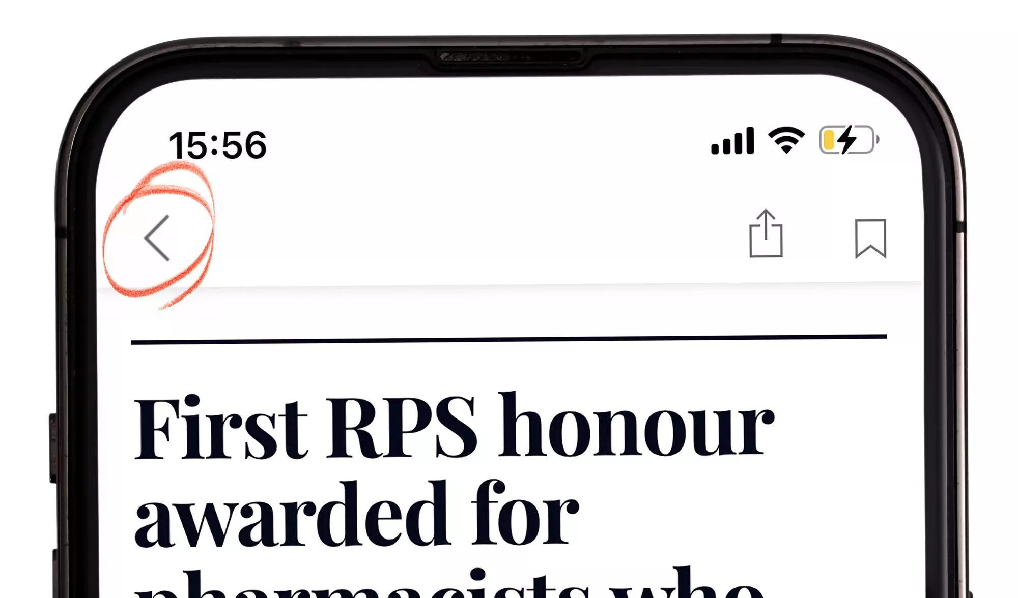 Image of an iphone showing the article back button in the PJ app