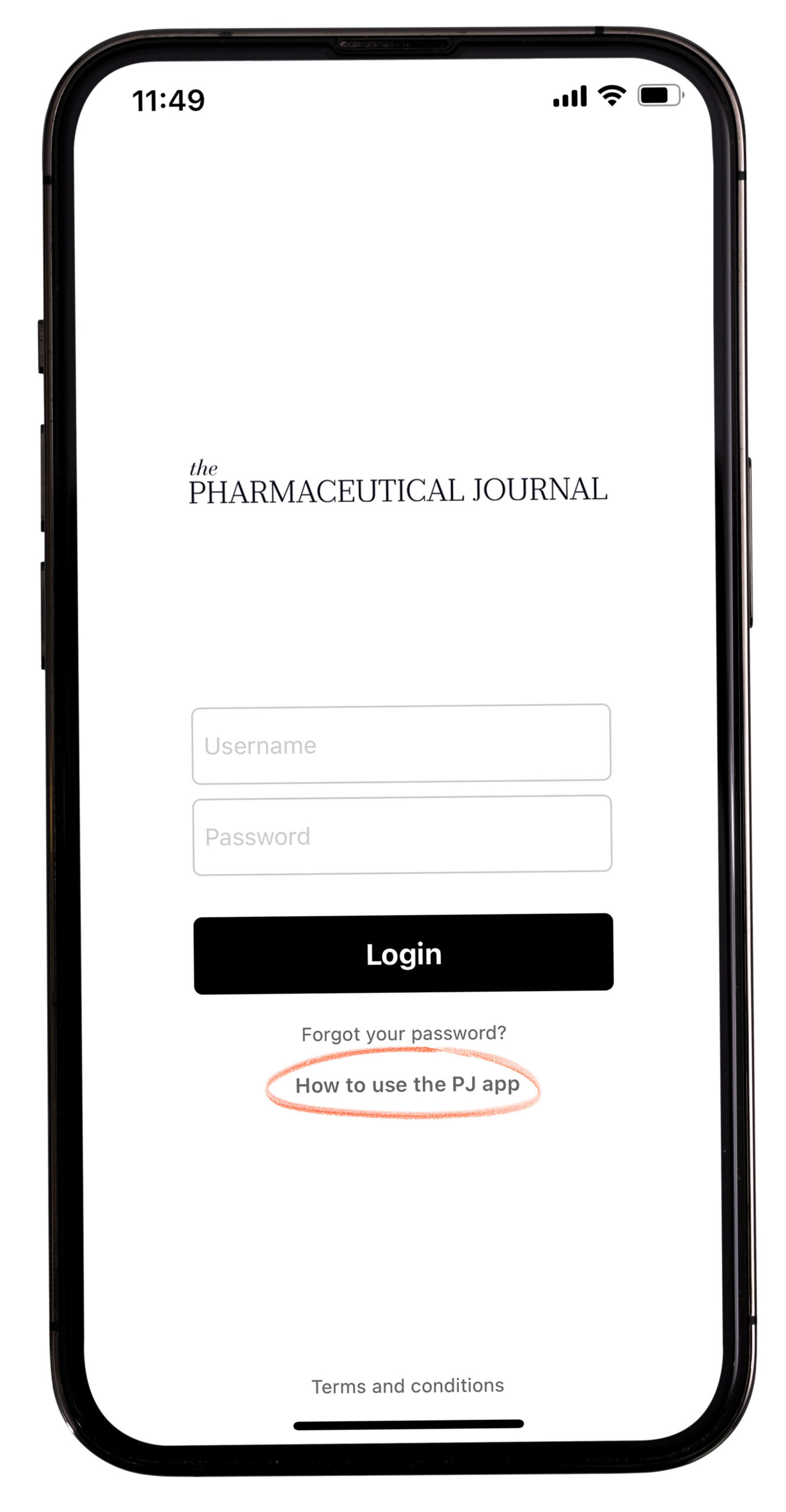 Image of an iphone showing the how to link in the PJ app