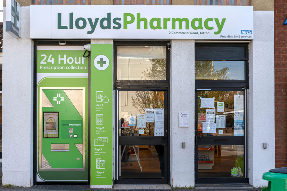 Photo of a 24-hour automated prescription dispenser at LloydsPharmacy, Totton, Hampshire