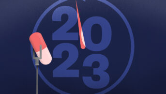 Illustration with the numbers 2023 in the middle of a stylised clock, with the PJ Pod pill microphone on the left of frame