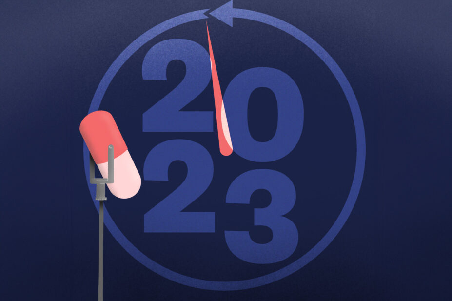 Illustration with the numbers 2023 in the middle of a stylised clock, with the PJ Pod pill microphone on the left of frame