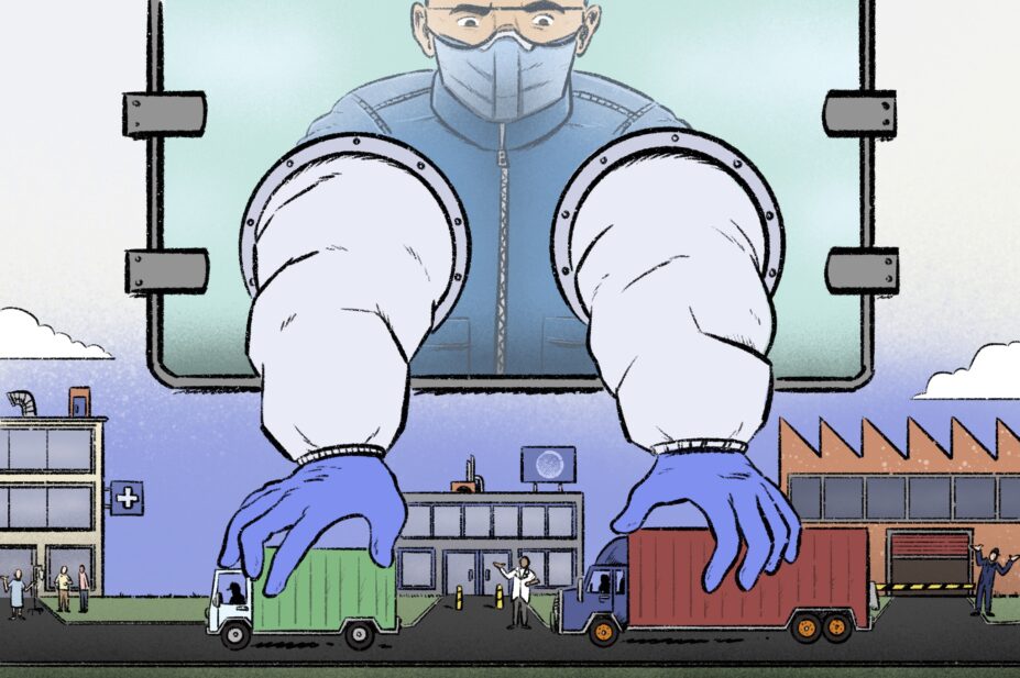 Illustration of a technician reading into an aseptic isolator, in which they are moving logistic trucks between supplier to factory, to hospital, with people disgruntled and waiting at each point.