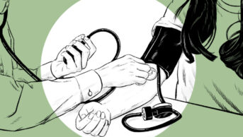 Stylised illustration of a pharmacist taking someone's blood pressure