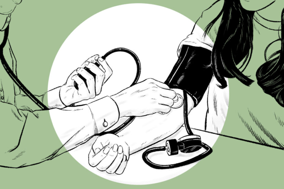 Stylised illustration of a pharmacist taking someone's blood pressure