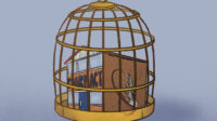 Illustration of a winged pharmacy in a rusty cage on a blue background